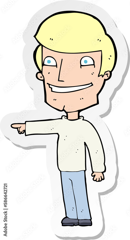 sticker of a cartoon happy man pointing sticker of a cartoon happy man pointing
