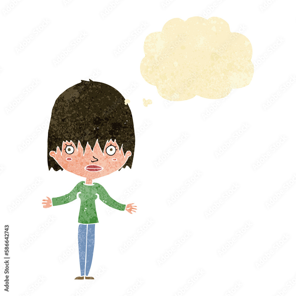 cartoon woman shrugging shoulders with thought bubble cartoon woman shrugging shoulders with thought bubble