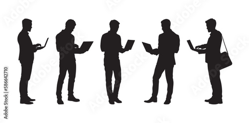 Group of business men standing and working on laptop silhouette set.