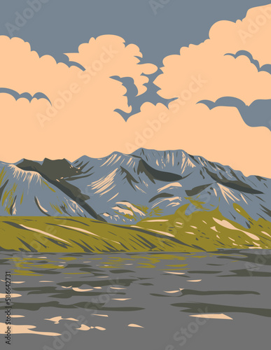 WPA poster art of Naatsihchoh  Naats ihch oh National Park Reserve encompassing parts of the South Nahanni River watershed in the Northwest Territories, Canada done in works project administration.