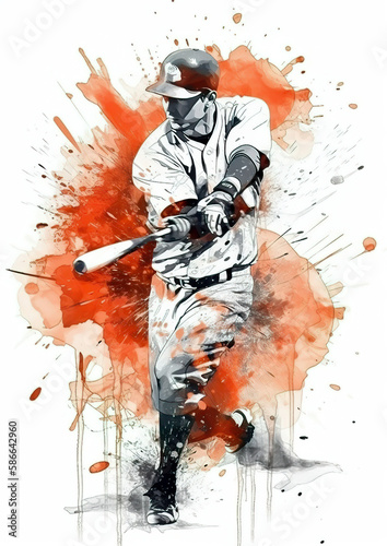 Watercolor abstract representation of baseball. Baseball player in action during colorful paint splash, isolated on white background. AI generated illustration.