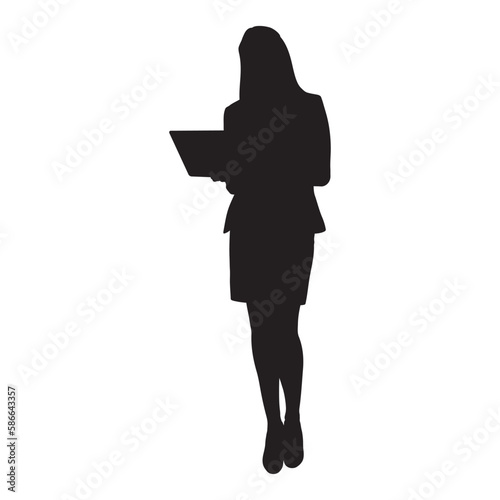 Standing woman in suit working on laptop silhouette.