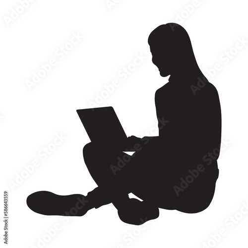 Woman sitting on the floor working on laptop vector silhouette.