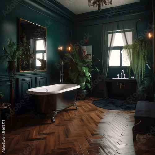 Salle de bain verte, style botanique