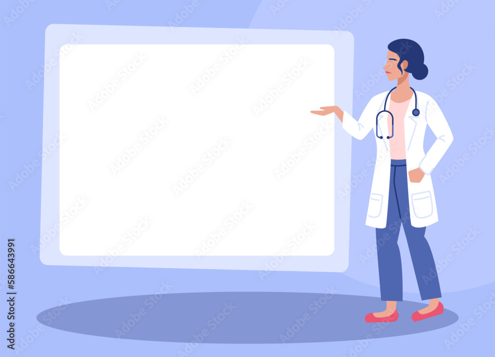 Template female doctor points and explains on a board in flat style. Template female doctor points and explains on a board in flat style.