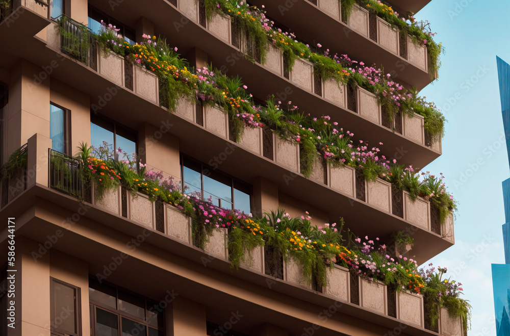 Balcony with flower arrangements on background of metropolitan. Loggia decorated with flowers. Generative AI.