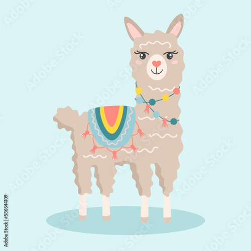 Cute cartoon alpaca wearing knitted blanket