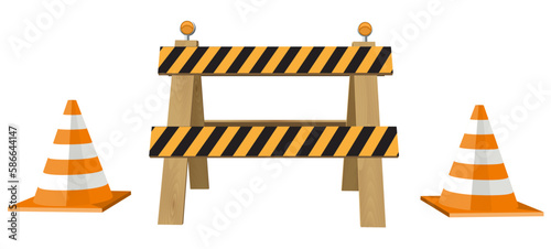 Road barrier with cone vector illustration. Under construction fence concept isolated on white background. photo