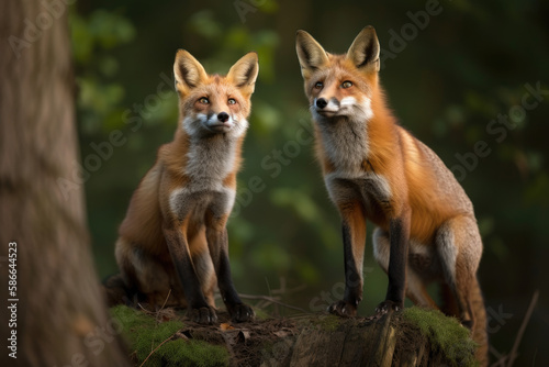 A pair of curious foxes investigating their surroundings created with AI © thejokercze