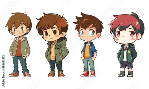 Cute anime kawaii cartoon of four boys with different hair styles and different expressions