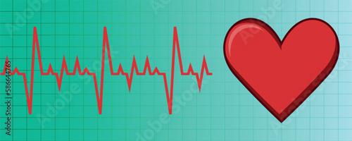 Medical red heart with a cardiogram of heartbeat lines on a light green background