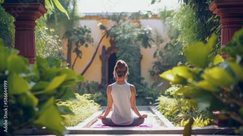 Young woman meditating in g...