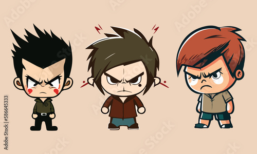 Angry anime kawaii cartoon of three boys with different expressions