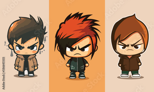 Angry anime kawaii cartoon of three boys with different expressions