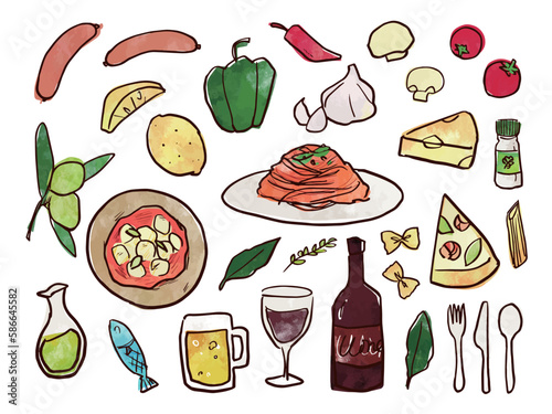 いろいろなイタリア料理の手描き水彩イラストセット。Hand drawn watercolor illustration set of different Italian dishes.