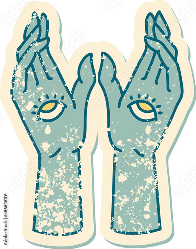 distressed sticker tattoo style icon of mystic hands