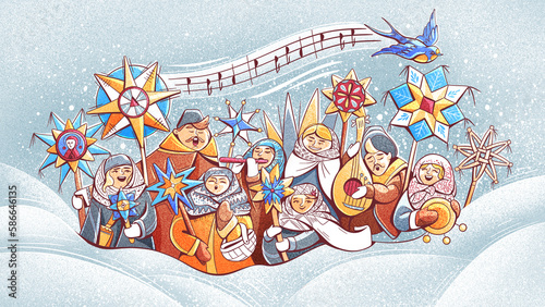 Canvastavla Illustration Ukrainian folk holiday in winter, Ukrainians in beautiful ethnic clothes