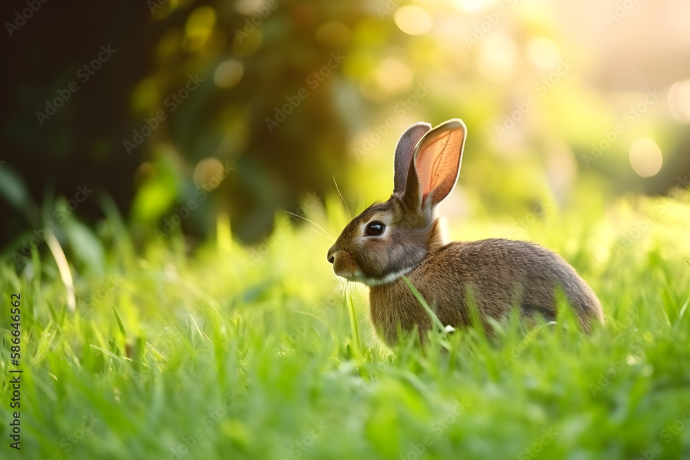 rabbit in the grass under the morning sunlight. AI generative. rabbit in the grass under the morning sunlight. AI generative.