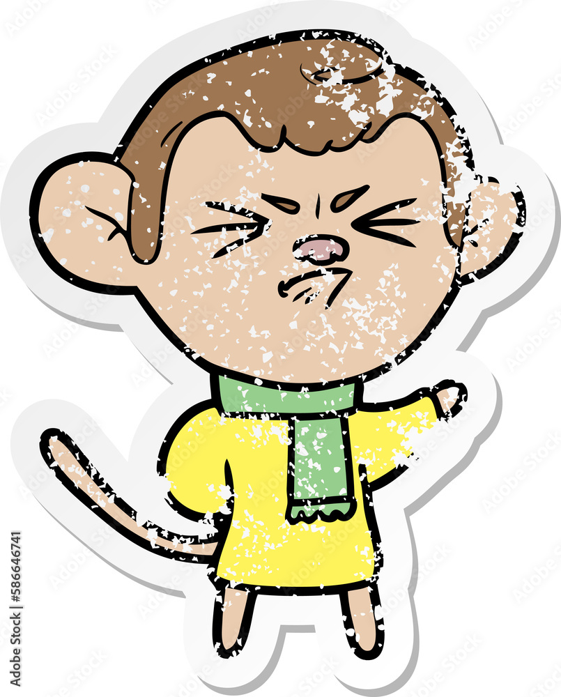 distressed sticker of a cartoon annoyed monkey distressed sticker of a cartoon annoyed monkey