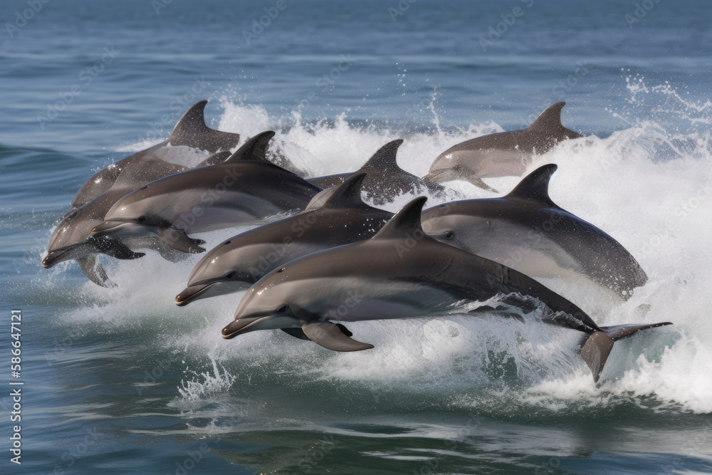 Fototapeta premium Dolphins leaping out of the water created wtih AI