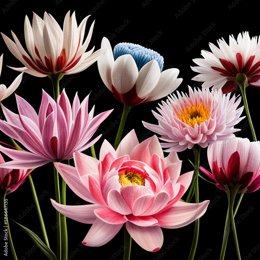 Naklejka premium Bunte Blumen vor schwarzen Hintergrund, Generative AI