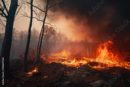 Forest fire, with orange flames and dark smoke against a smoky sky created with AI © thejokercze