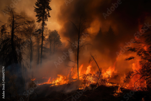 Forest fire, with orange flames and dark smoke against a smoky sky created with AI © thejokercze