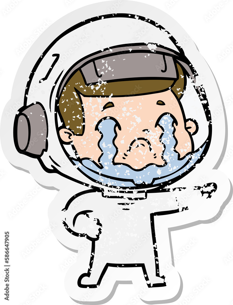 distressed sticker of a cartoon crying astronaut