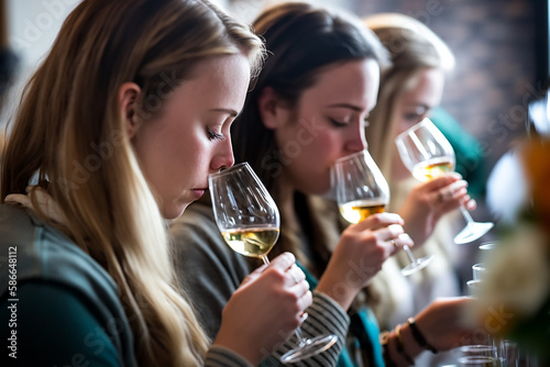 Wallpaper Mural Young woman smells a glass of white wine during a wine tasting or tasting. Generative IA Torontodigital.ca