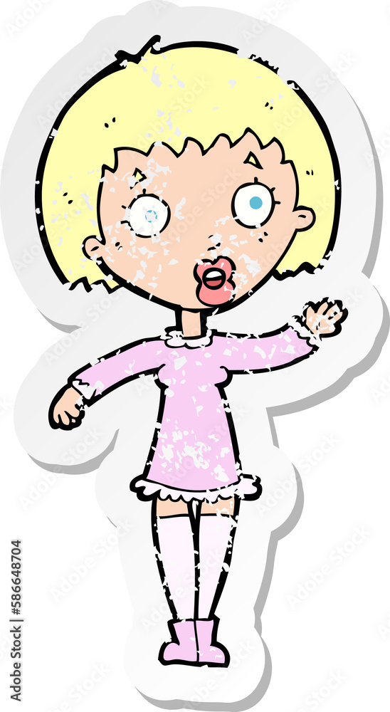 retro distressed sticker of a cartoon waving woman retro distressed sticker of a cartoon waving woman