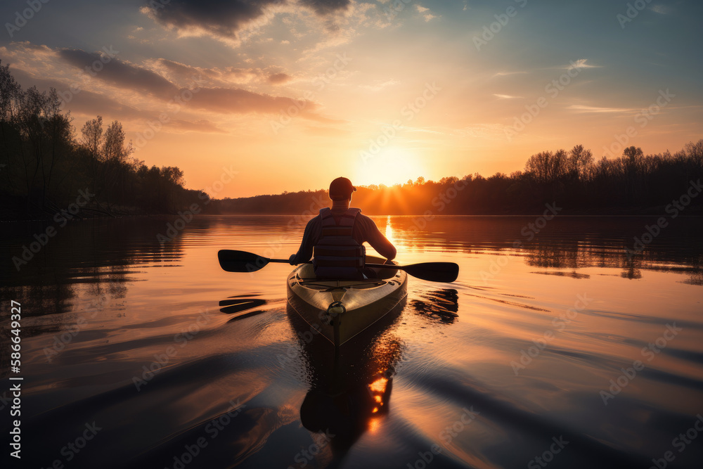 Adventurer kayaking down a calm river with sunset in the background created with AI