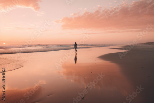 Person walking along a deserted beach at sunset created with AI