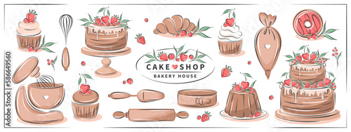 Big set kitchen tools, sweet products, different desserts for pastry and bread shop, cookings. Whisk, cutlery, spatulas, mixer, cake, croissant, donut and berry. Vector illustration