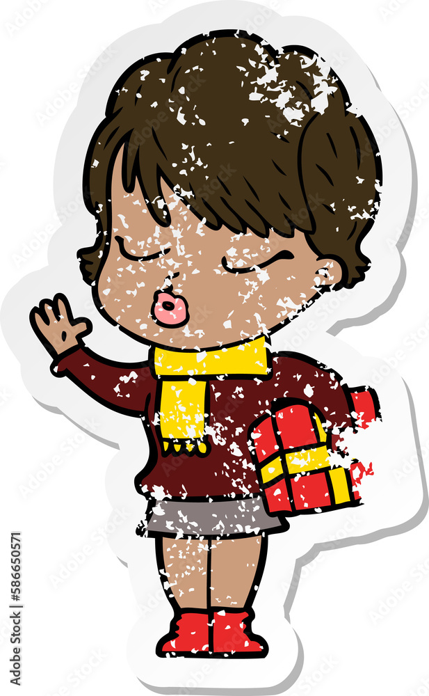 distressed sticker of a cartoon woman with eyes shut distressed sticker of a cartoon woman with eyes shut