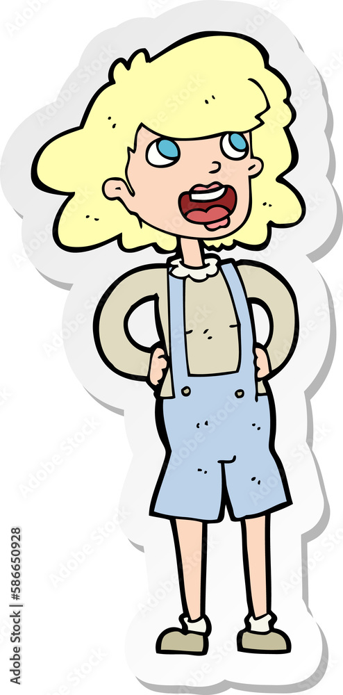 sticker of a cartoon woma in dungarees sticker of a cartoon woma in dungarees