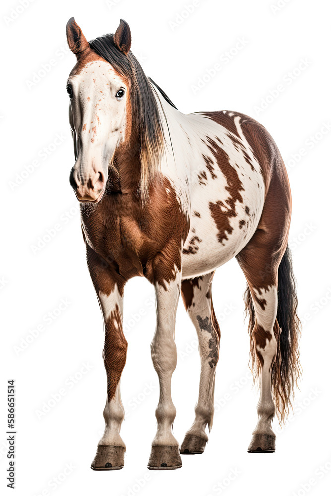 an equestrian-themed photographic illustration of a painted pinto horse pony on a transparent background in PNG. T-shirt design. Generative AI an equestrian-themed photographic illustration of a painted pinto horse pony on a transparent background in PNG. T-shirt design. Generative AI
