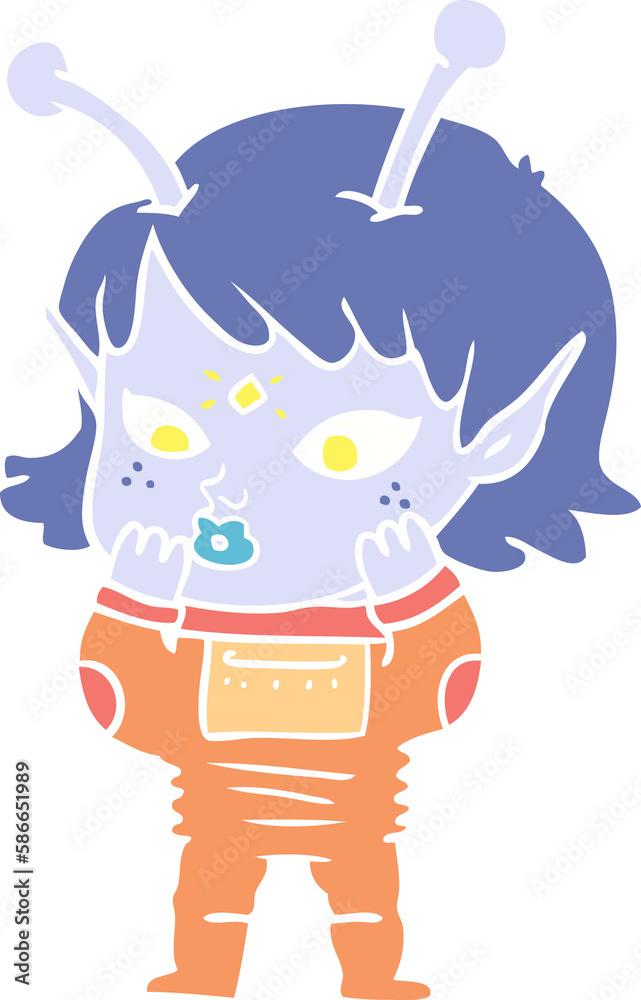 pretty flat color style cartoon nervous alien girl