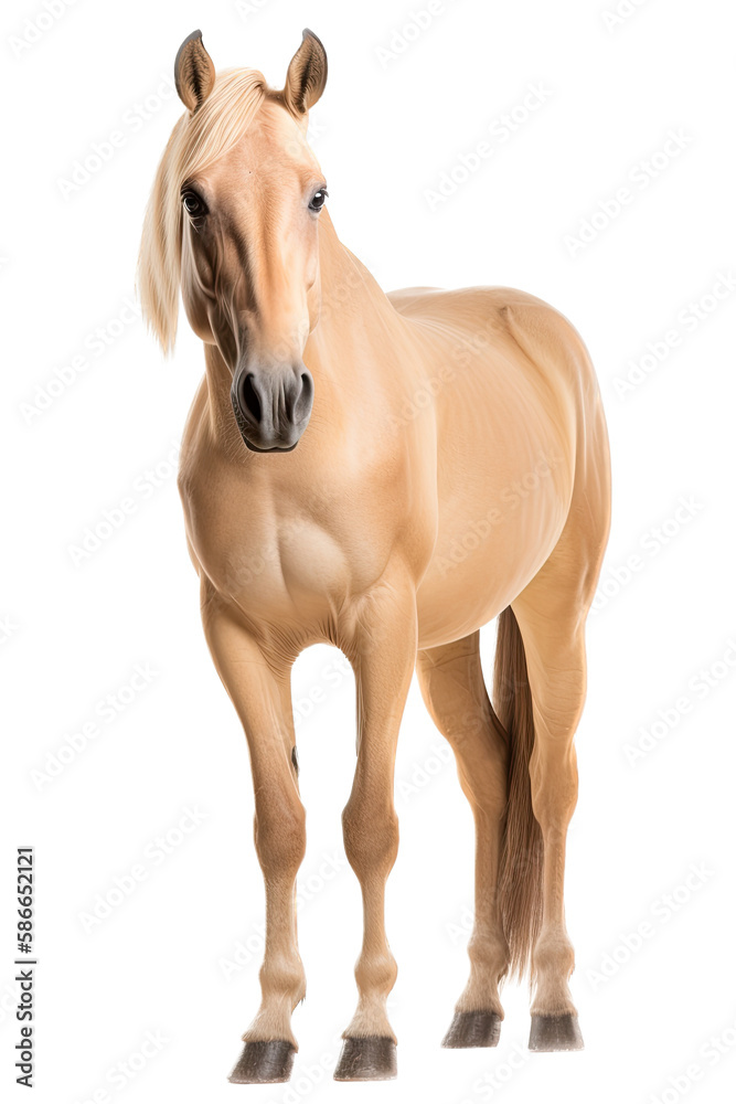 Fototapeta premium an equestrian-themed photographic illustration of a Palomino horse rearing and running on a transparent background in PNG. T-shirt design. Generative AI