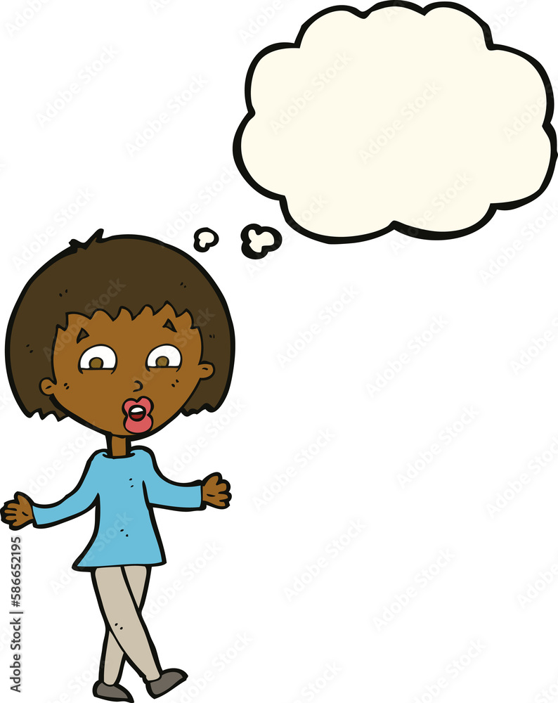 cartoon woman shrugging shoulders with thought bubble cartoon woman shrugging shoulders with thought bubble