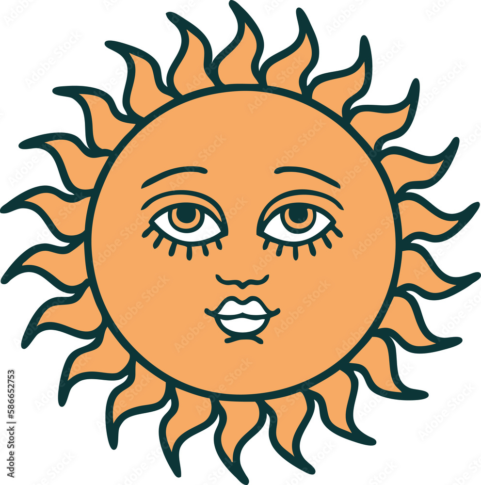 tattoo style icon of a sun with face