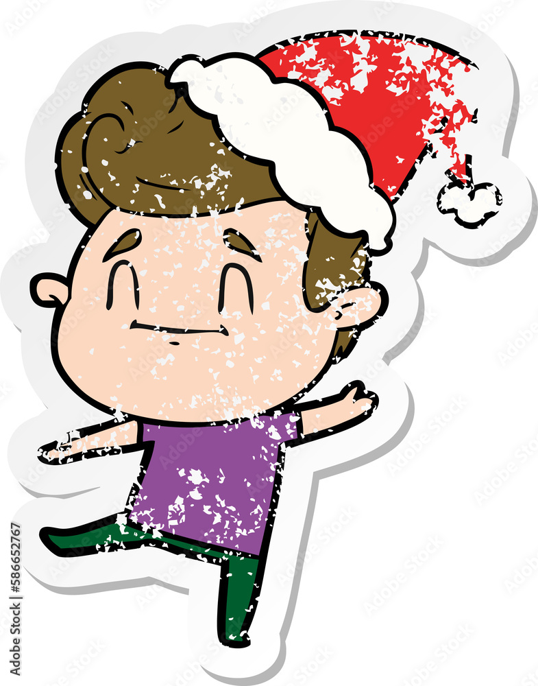 happy distressed sticker cartoon of a man wearing santa hat happy distressed sticker cartoon of a man wearing santa hat