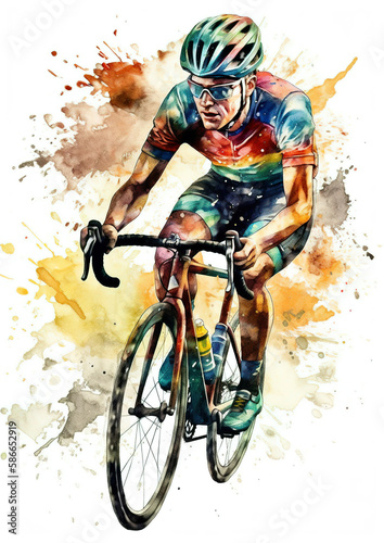 Watercolor abstract representation of a cyclist. Bicycle racer in action during colorful paint splash, isolated on white background. AI generated illustration. © Czintos Ödön