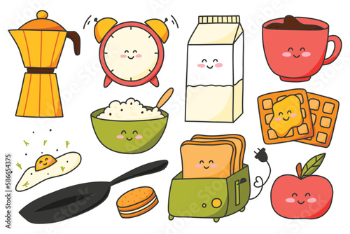 Set of good morning elements in kawaii style. Vector illustration. Collection of food for breakfast in cartoon style.