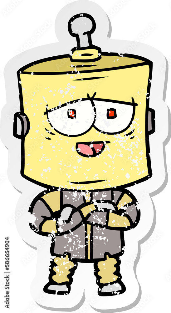 distressed sticker of a cartoon robot