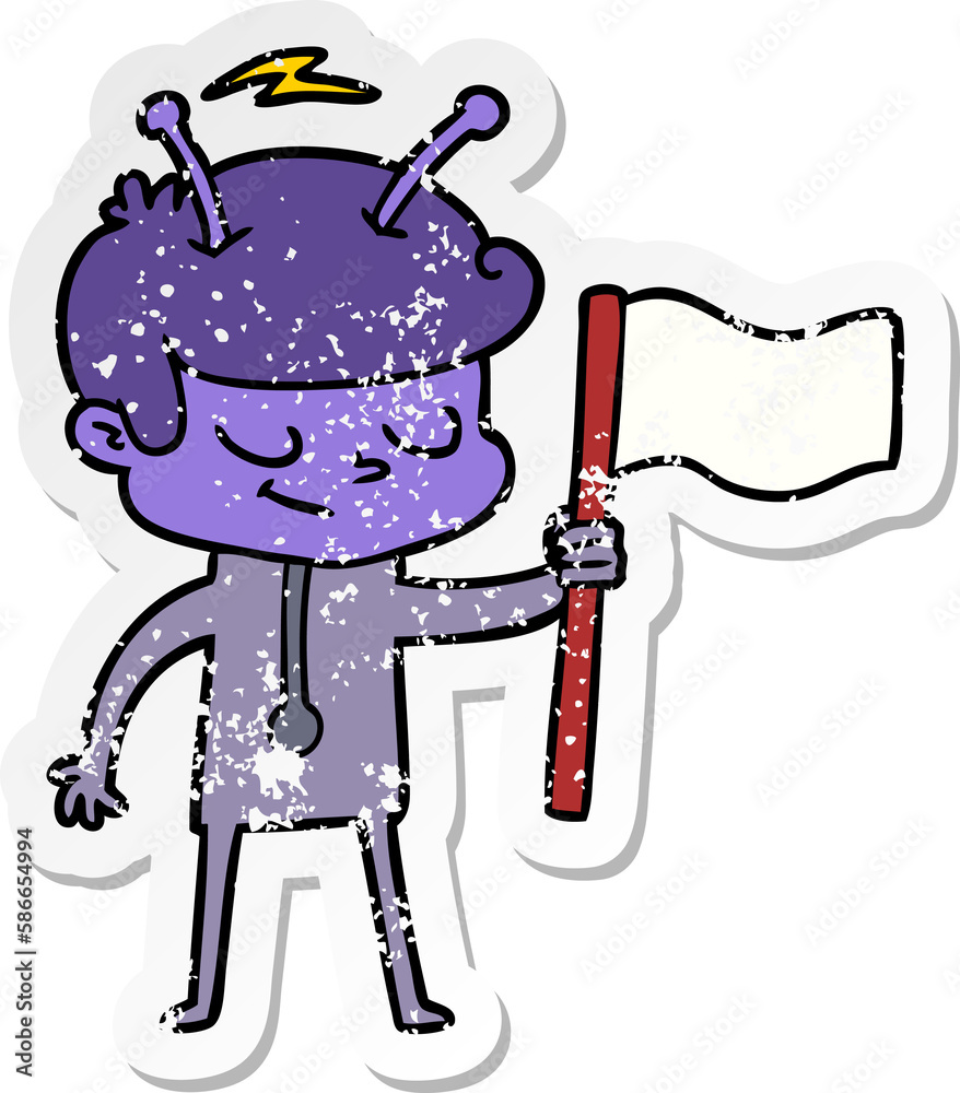 distressed sticker of a friendly cartoon spaceman with white flag distressed sticker of a friendly cartoon spaceman with white flag