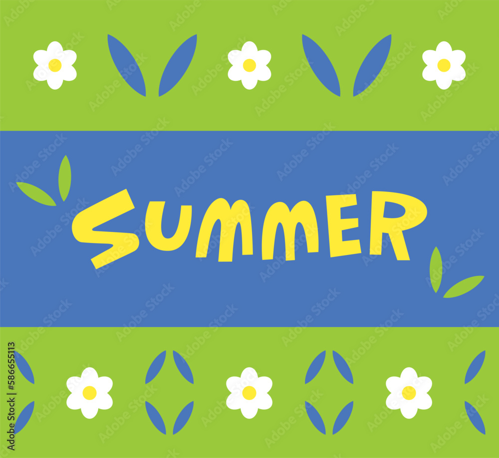 Summer lettering with a pattern in retro style. Stylized daisies on a green background. Abstract composition with flowers. Handwritten text with flowers and leaves.