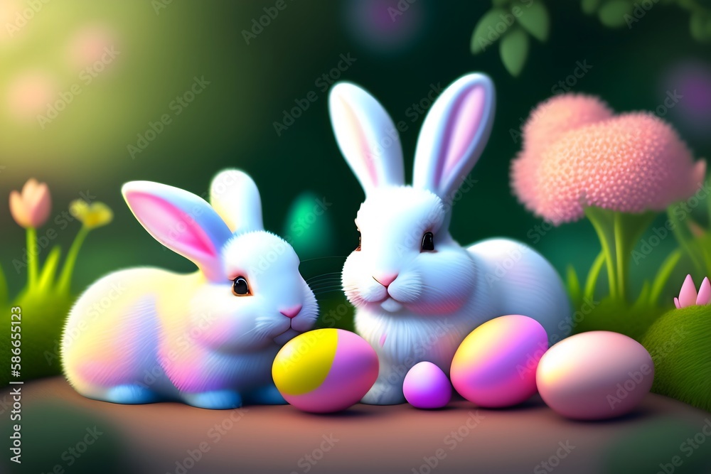 Cute Easter Bunnies with Eggs. Generative AI. Cute Easter Bunnies with Eggs. Generative AI.