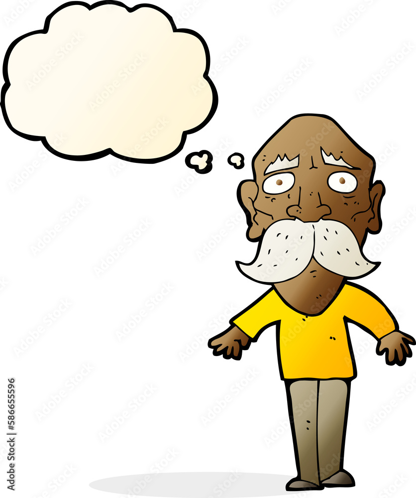 cartoon sad old man with thought bubble