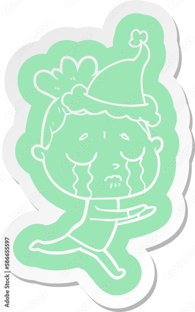 Fototapeta premium cartoon sticker of a crying woman wearing santa hat