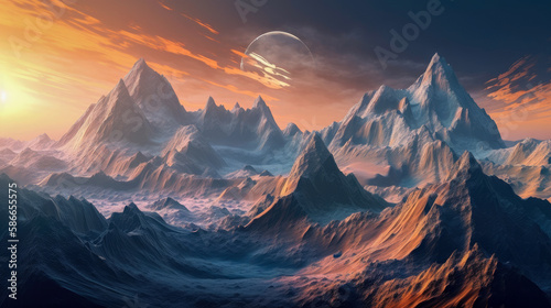 Majestic Mountain Ranges and the Moon, A Breathtaking Collection AI Generated  © Techtopia Art